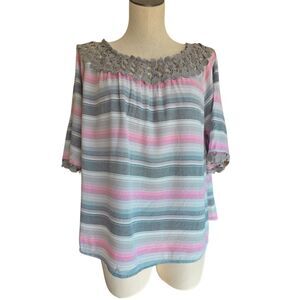Ariat Top Womens Size M Gray Crochet Neckline Sleeve Stripe Western Rodeo Boho
